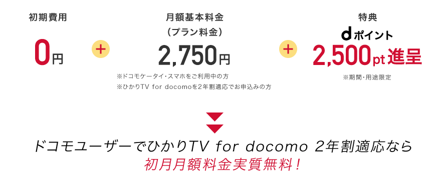初期費用0円 月額基本料金2,750円 特典dポイント2,500pt進呈 ドコモユーザーでひかりTV for docomo 2年割適応なら 初月月額料金実質無料！