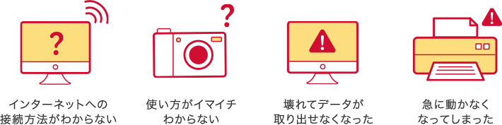 インターネットへの接続方法がわからない・使い方がイマイチわからない・壊れてデータが取り出せなくなった・急に動かなくなってしまった